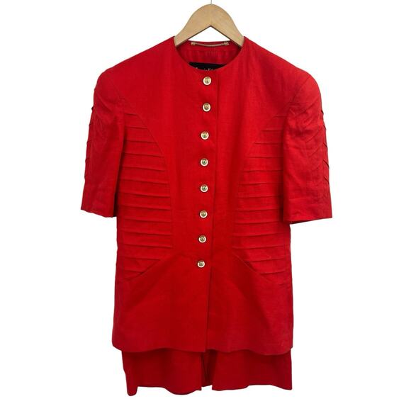 VTG Louis Feraud Red Pleated Linen Skirt Suit 8 Power Suit 90s